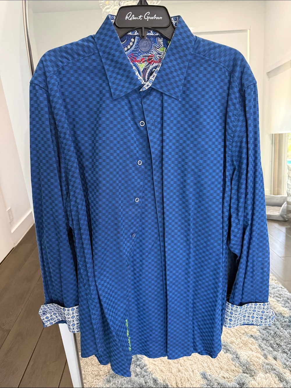 Robert Graham Navy Checker Button-Up with Patterned Cuffs